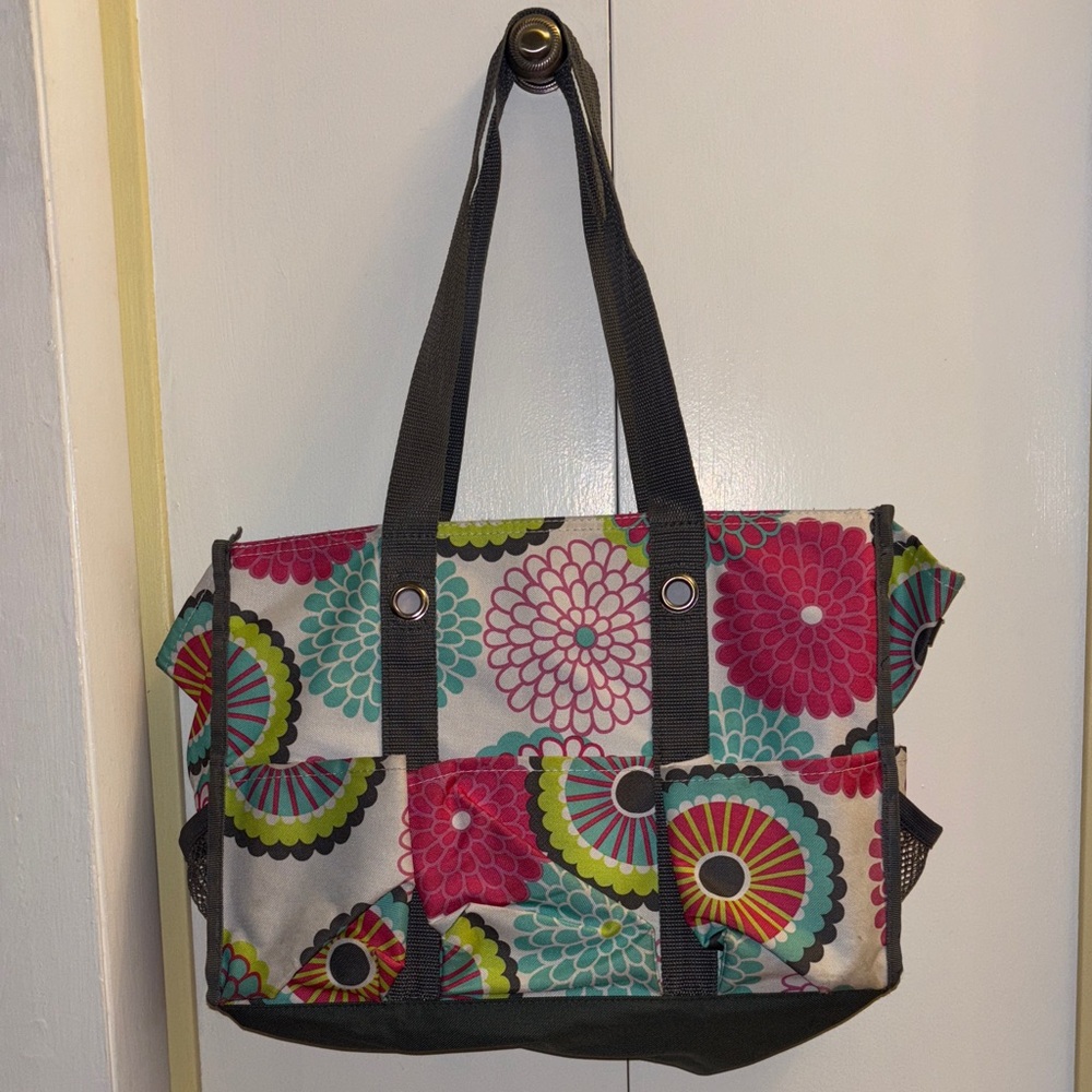 Thirty-One Vibrant Floral Tote with Grey Straps